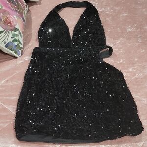 Black Sequin Halter Dress